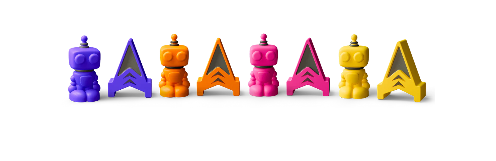 Board Arcade Pieces set: four robots and four spaceship pads in blue, orange, pink and yellow